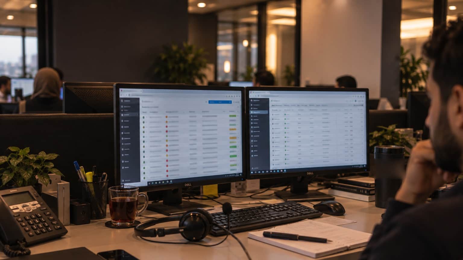 A collections desk: two monitors of account rows with status markers, a headset and a glass of tea on the desk, an agent at the edge of frame