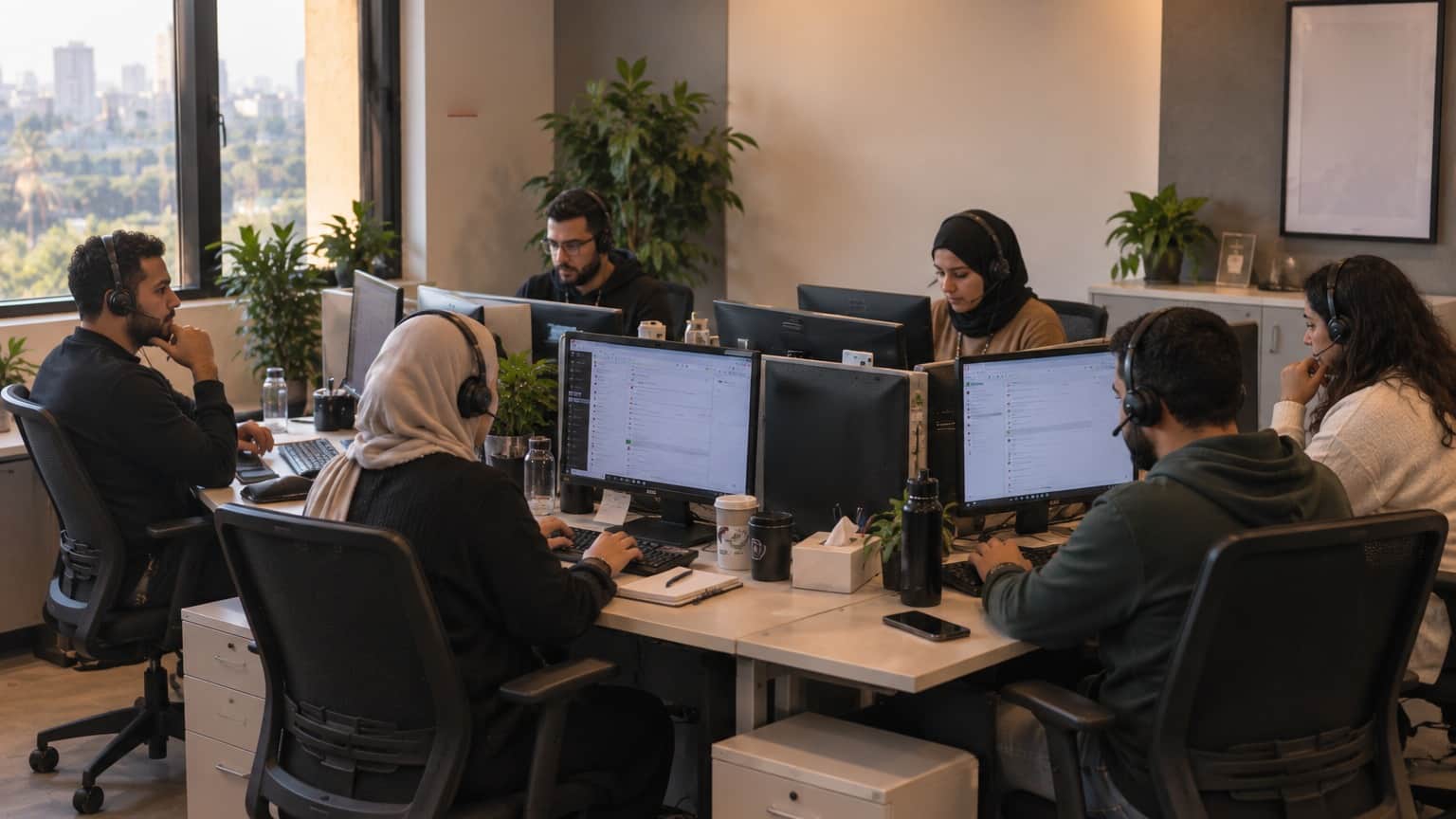 A calm support pod of six desks facing inward, agents on headsets, a window onto the city on the left