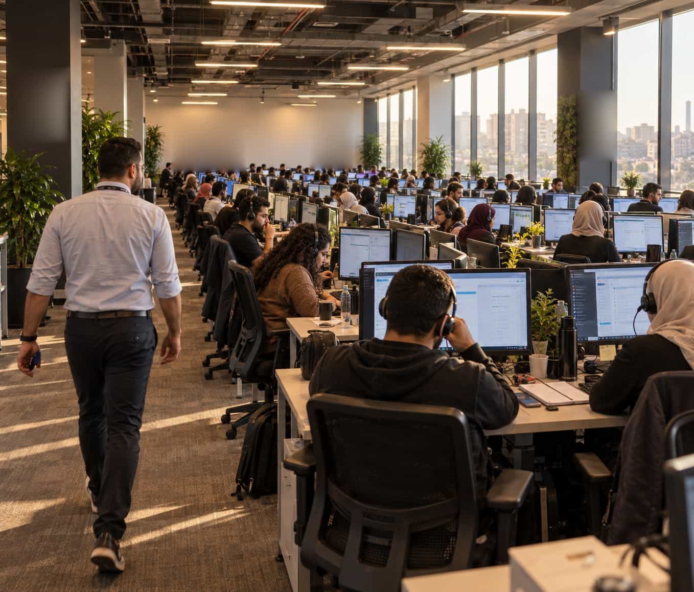 The DialExpert floor in Cairo mid-shift: rows of agents on headsets at dual monitors, a floor manager walking the aisle, late sun through the windows
