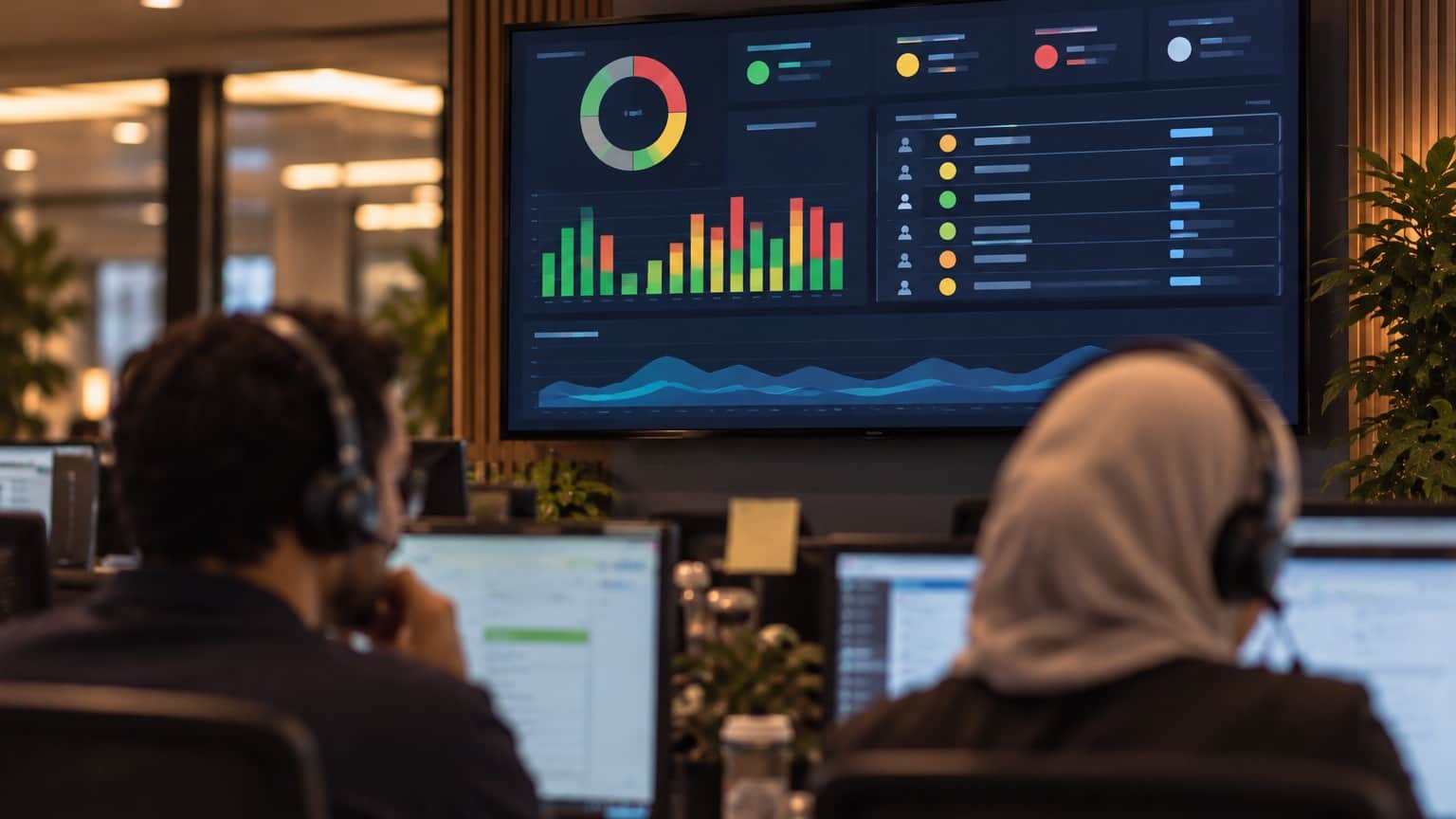 Two inbound agents at their desks beneath a wall-mounted queue dashboard showing call volume and agent status