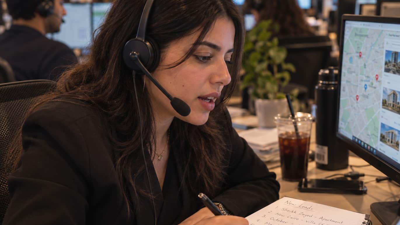 A DialExpert agent on a headset writes a list of new real estate leads by hand, a map of Cairo districts on the monitor beside her