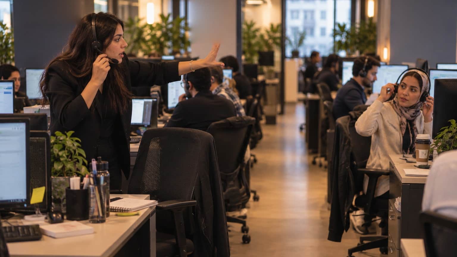 An opener stands mid-call and signals across the aisle while a closer at the next desk picks up her headset to take the transfer